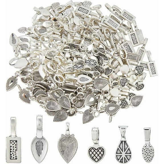 200Pcs Glue on Bails for Jewelry Making 6 Styles Tibetan Alloy Glue on Flat Pad Bails Spoon Oval Rectangle Heart Teardrop Jewelry Bails Charms for DIY Crafts Supplies
