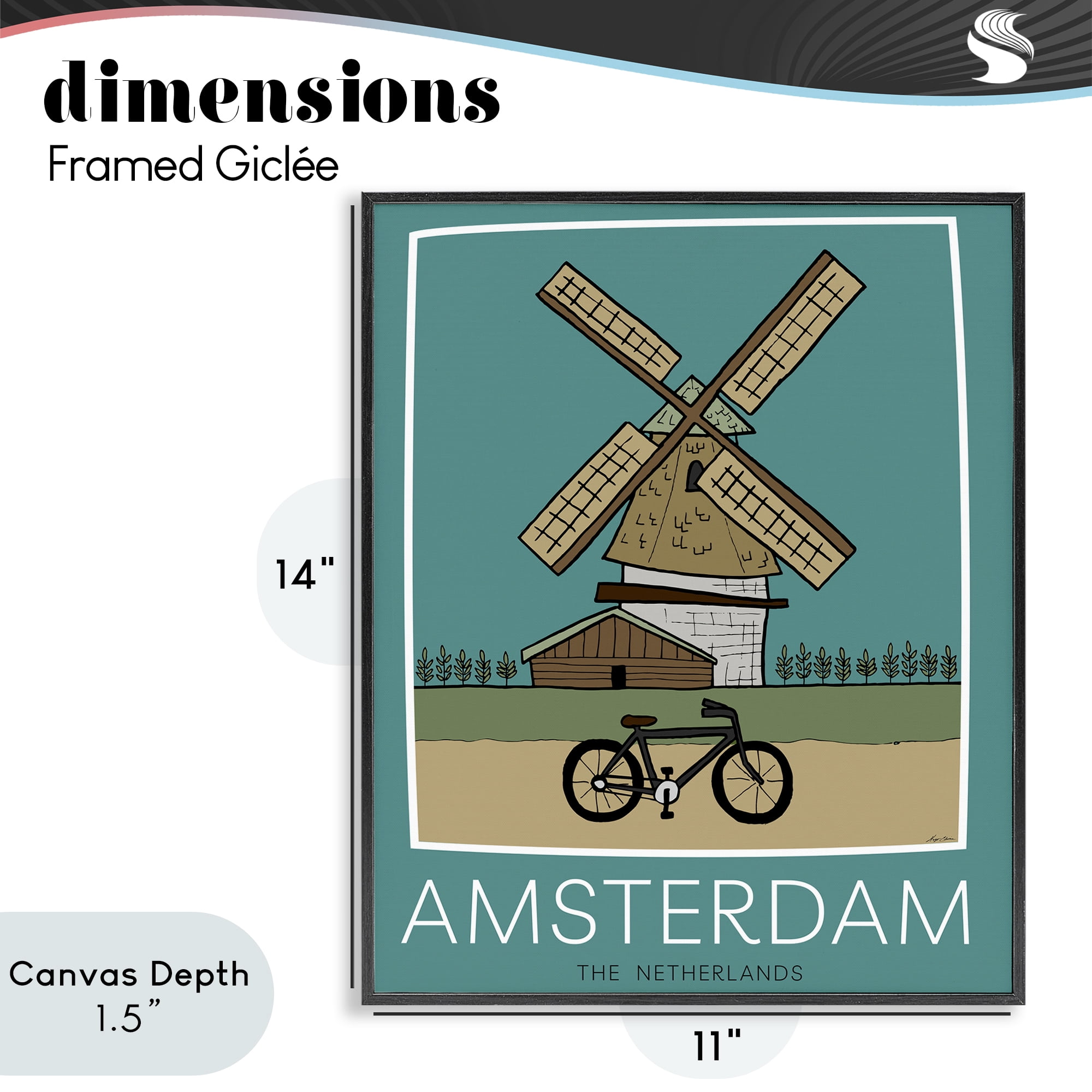Stupell Industries Amsterdam Windmill Poster Black Framed Giclee Art, design by Hugo Edwins