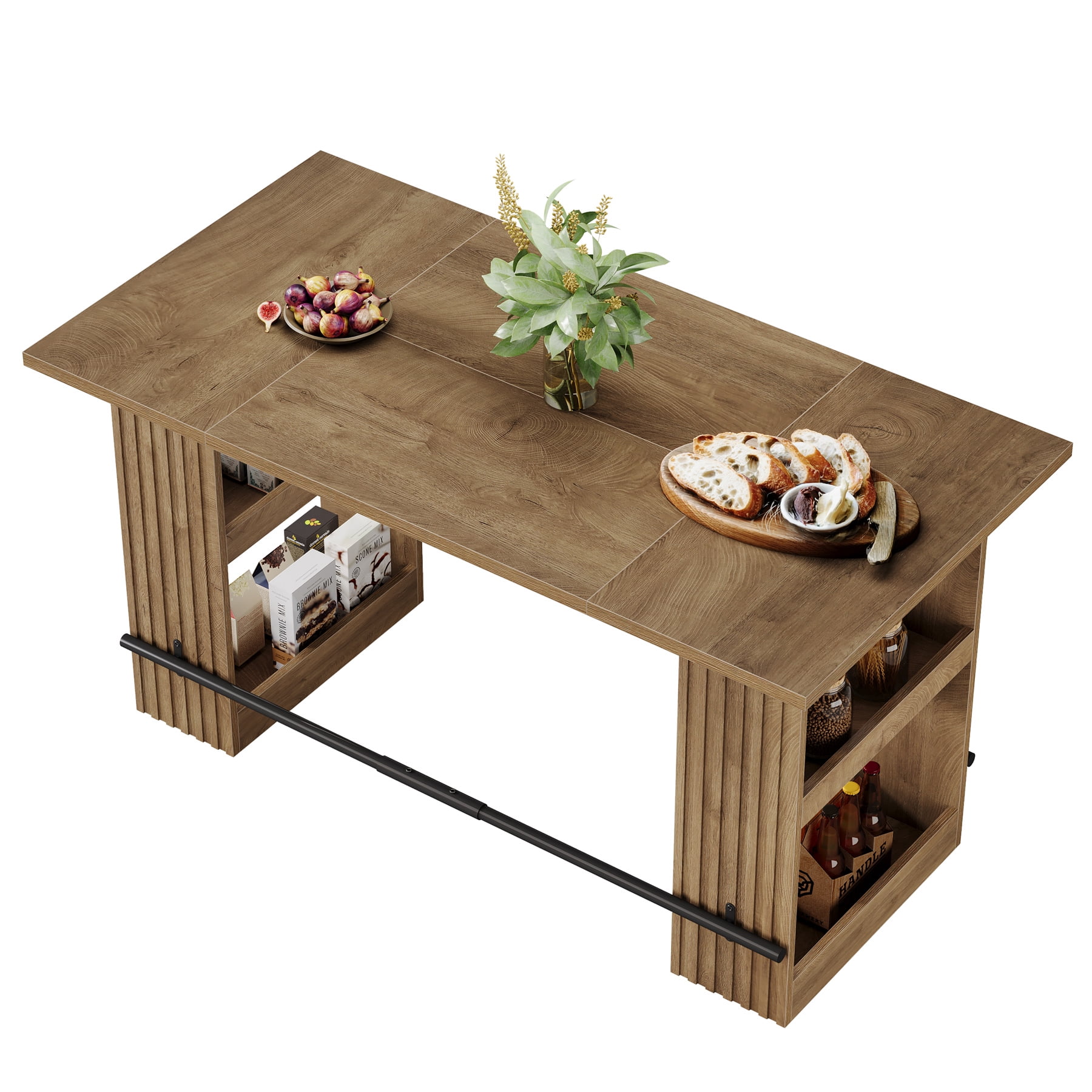 Finmind 63-inch Kitchen Island with Storage Shelves, Industrial Wooden Stationary Island Table, Large Coffee Bar Table with Footrest, Rustic Brown
