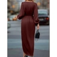 thumbnail image 5 of Womens Long Sleeve V-Neck Tie Waist Split Formal Cocktail Wedding Guest Dresses Wine Red XL, 5 of 8