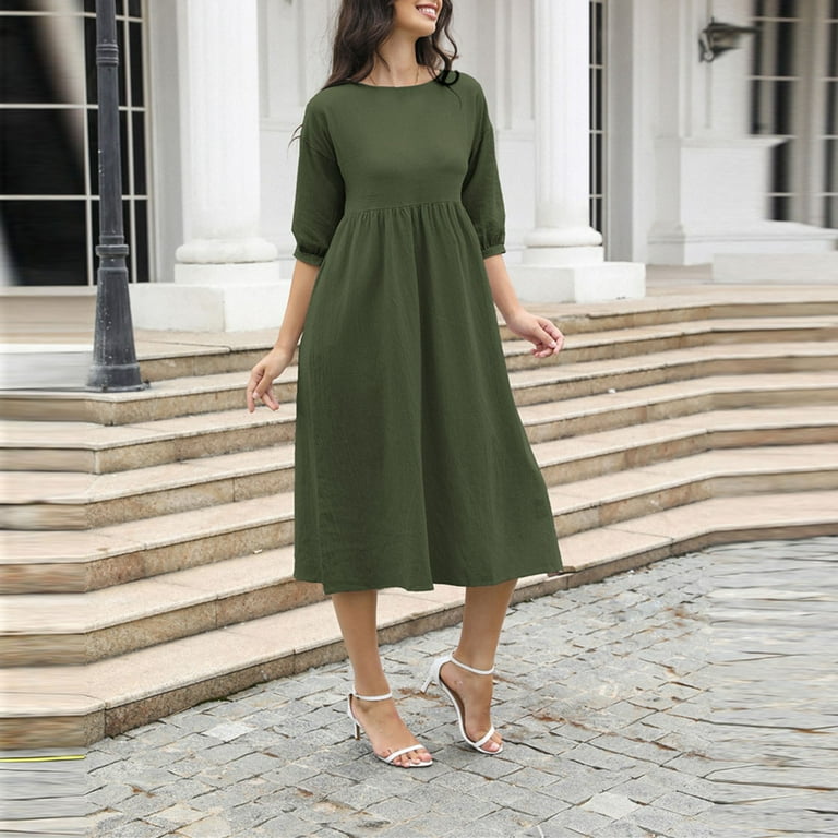 fall dresses for women deals Deal for Days Holiday Decor Ofreoo Women's Fashion Mid-sleeve Round Neck  Solid Color And Linen Pockets Dresses Fall Dresses for Women 2024