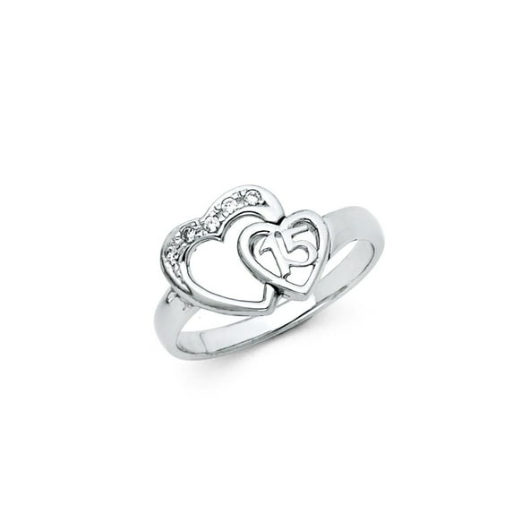 FB Jewels 925 Sterling Silver CZ Cubic Zirconia Sweet Fifteen 15 Year Birthday Quincea–era Heart Fashion Anniversary Ring Size 5.5