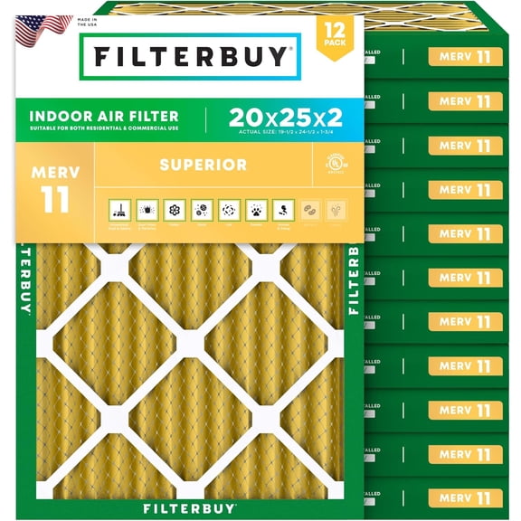 Filterbuy 20x25x2 Air Filter MERV 11 Allergy Defense, Pleated HVAC AC Furnace Filter Replacement, 12-Pack