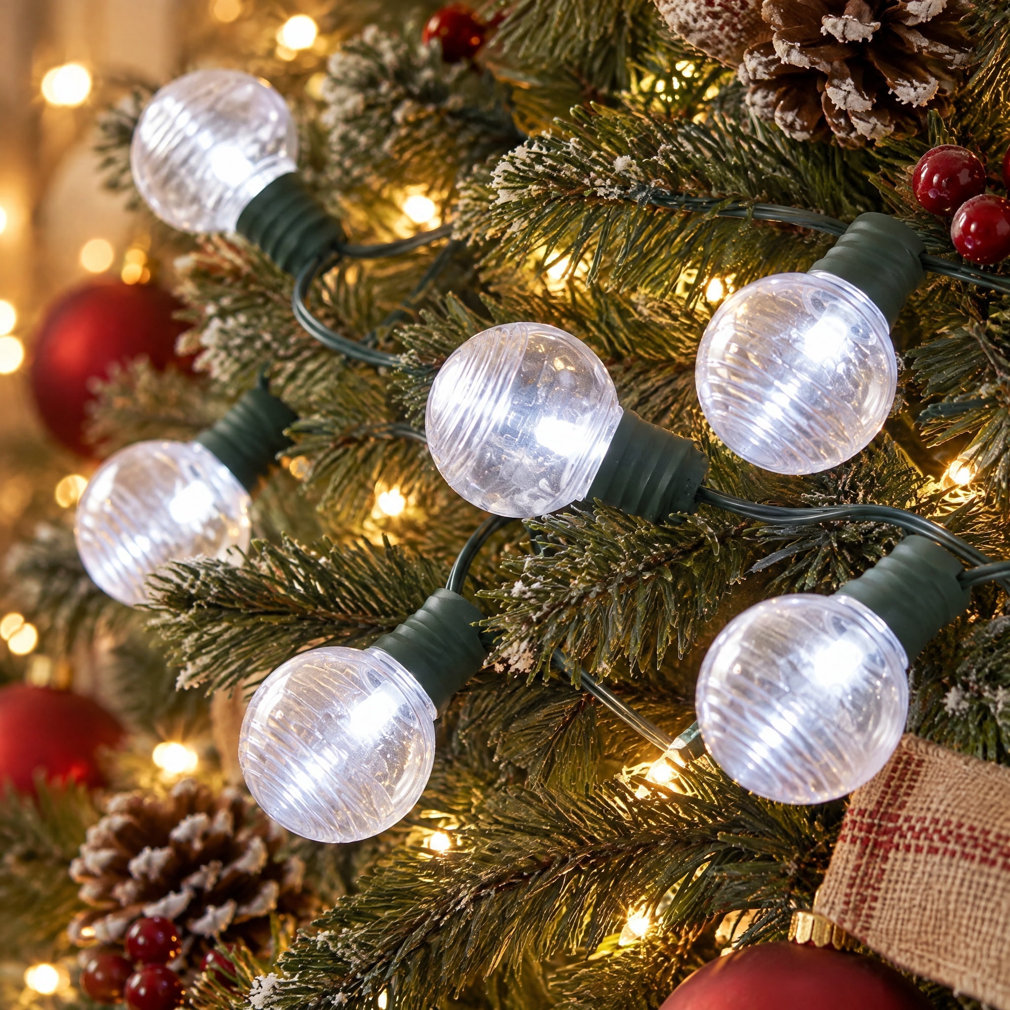Indoor/Outdoor 100-Count LED Super Bright G30 Christmas String Lights, Cool White, Green Wire, 57', by Holiday Time