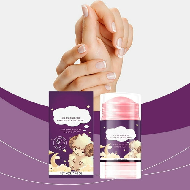 crema hidratante reparadora para talones | crema hidratante para pies secos y agrietados | 1 barra para el cuidado de los pies Barra hidratante morada de la marca XingLiang en stick con empaque ilustrado con oveja, vista frontal sobre fondo morado y manos colocadas arriba; indicada para hidratar pies secos y a menudo utilizada para suavizar callosidades localizadas.
