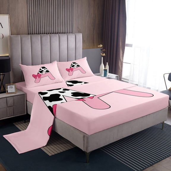 Erosebridal Initial Monogrammed Sheet Set Twin,Bowknot Cow Print Bedding Sets Twin Size,Microfiber Bed Sheets Twin,Kawaii Room Decorative,3pcs