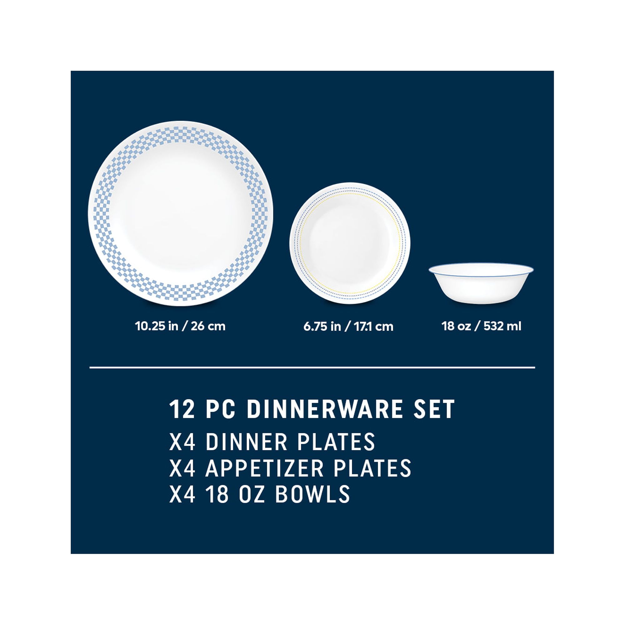 Corelle Amelia 12-Piece Glass Dinnerware Set, Blue Gingham photo 6