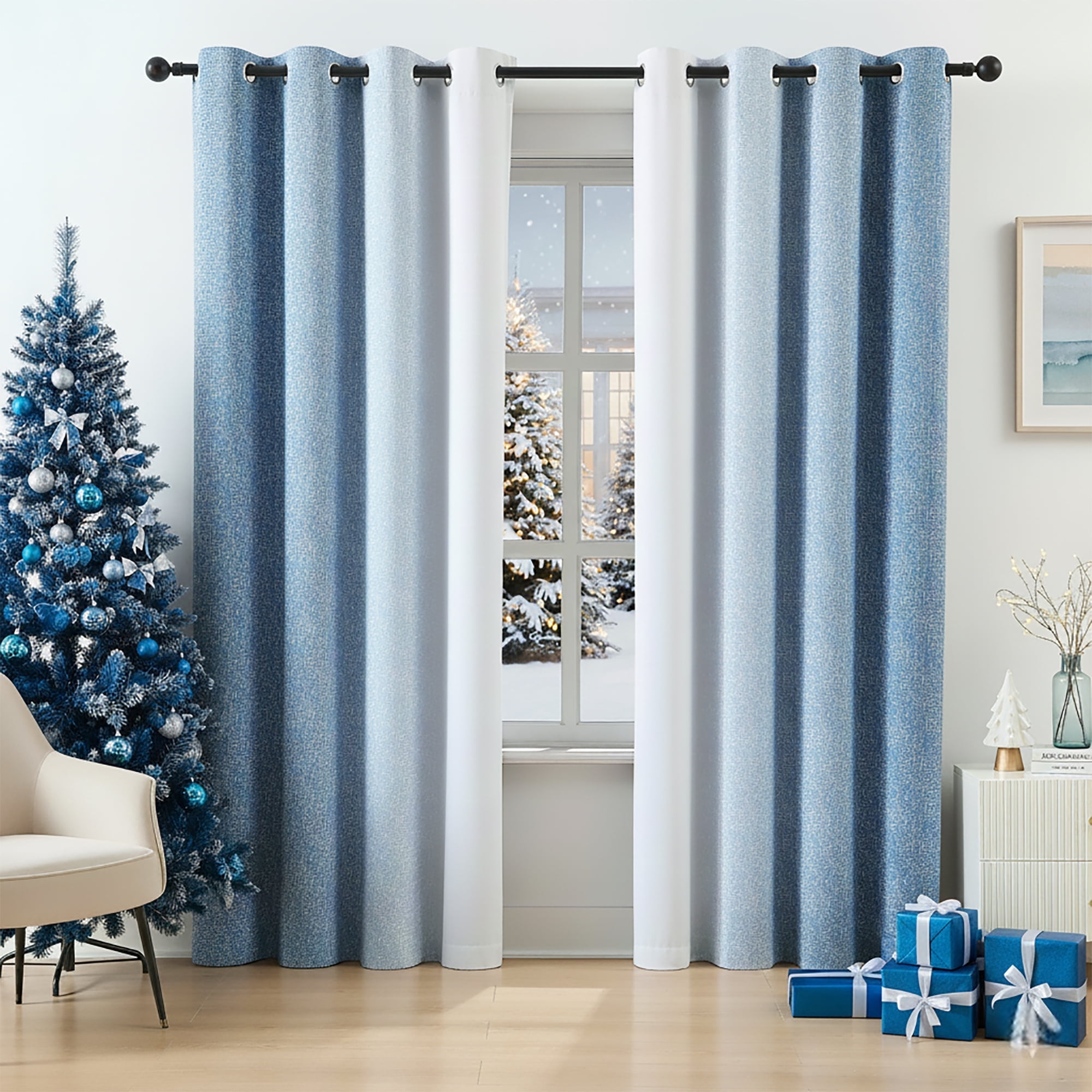 Junvictex Ombre Blue Blackout Curtains, Grommet Style, Triple Weave with Black Layer for Superior Light Blocking and Heat Absorption, Perfect for Bedrooms,54"x84"