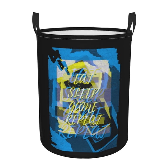 XMXY Round Laundry Basket Organizer, Eat Sleep Game Repeat Retro Two Tone Blue Waterproof Collapsible Dirty Clothes Basket Laundry Hamper, Medium Size