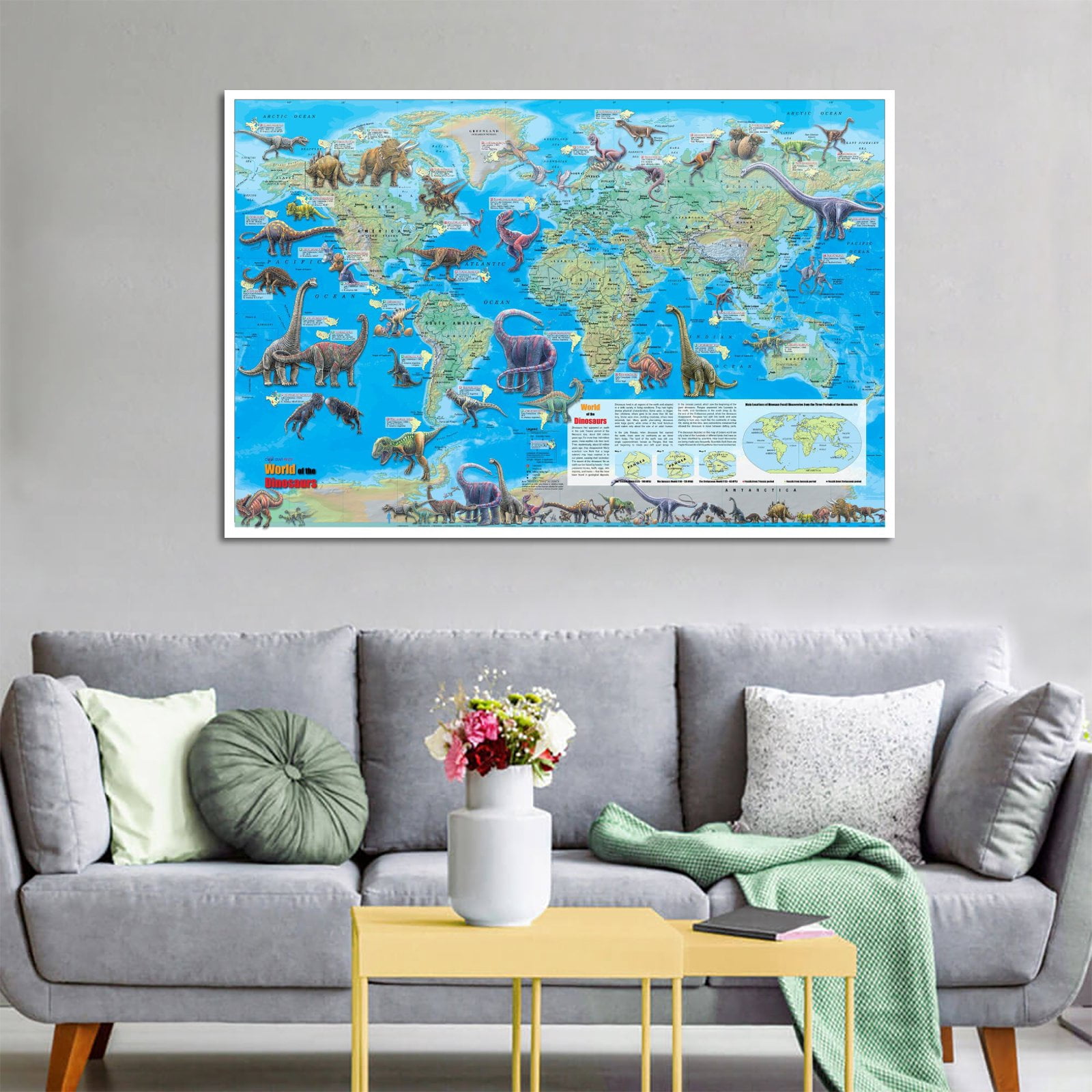 Dinosaur Map of The World Artworks Picture Print Poster Wall Art Painting Canvas Gift Decor Home Posters Decorative 24x36inch(60x90cm)