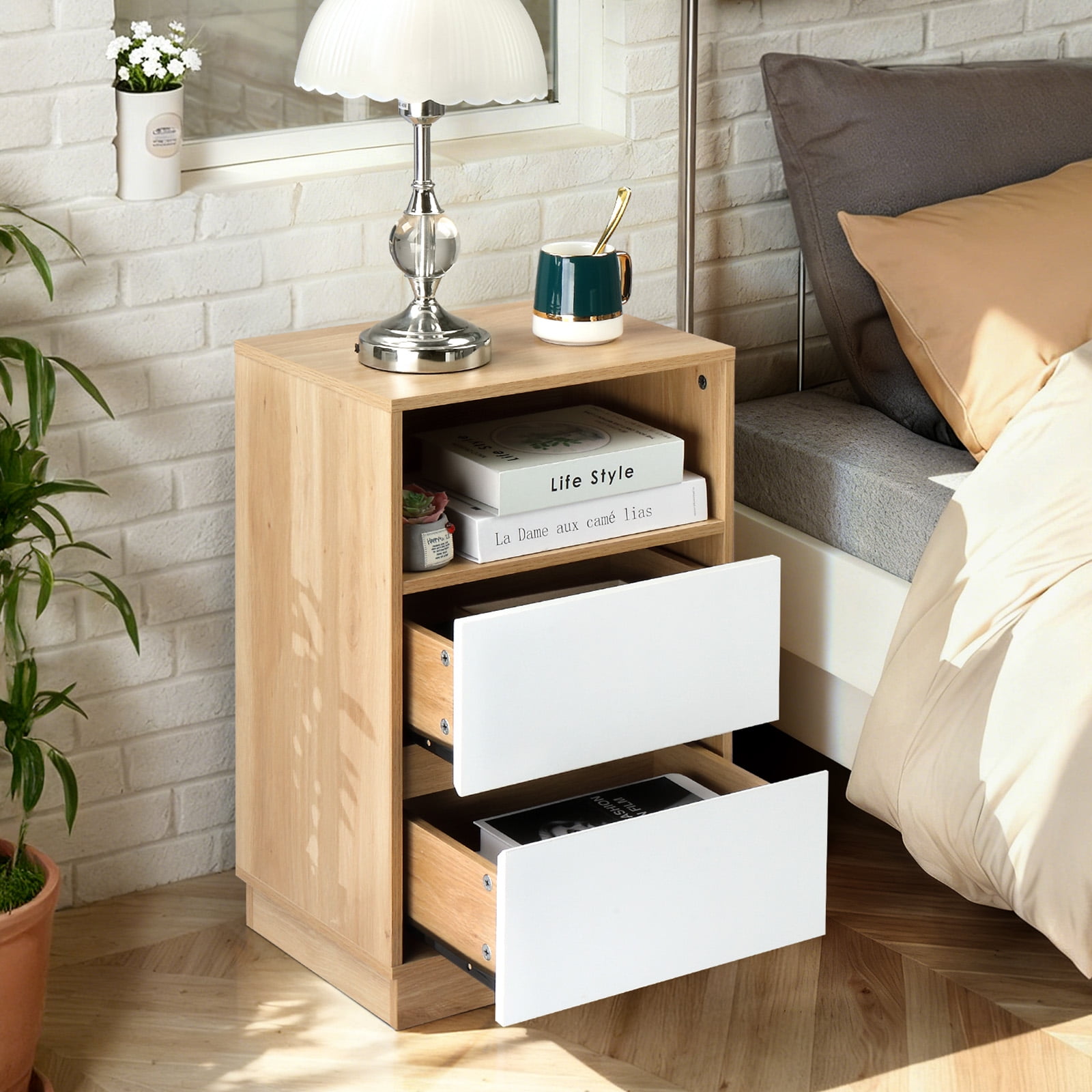 Ktaxon NightStand Set of 2 with 2 Storage Drawers BedsideTable, End Side for Bedroom, Country Style Oak