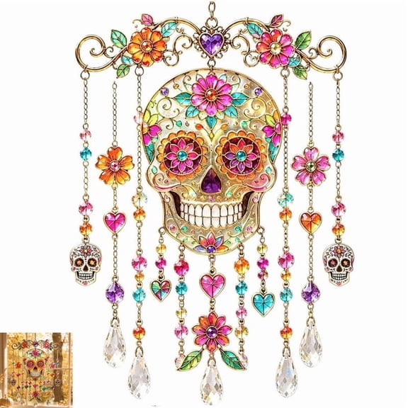ALOEWXXR Halloween Crystal Wind Chime, Stained Glass Style Sugar Skull Decor, Acrylic Spooky Suncatcher Fall Ornament, For Window Garden Yard Patio