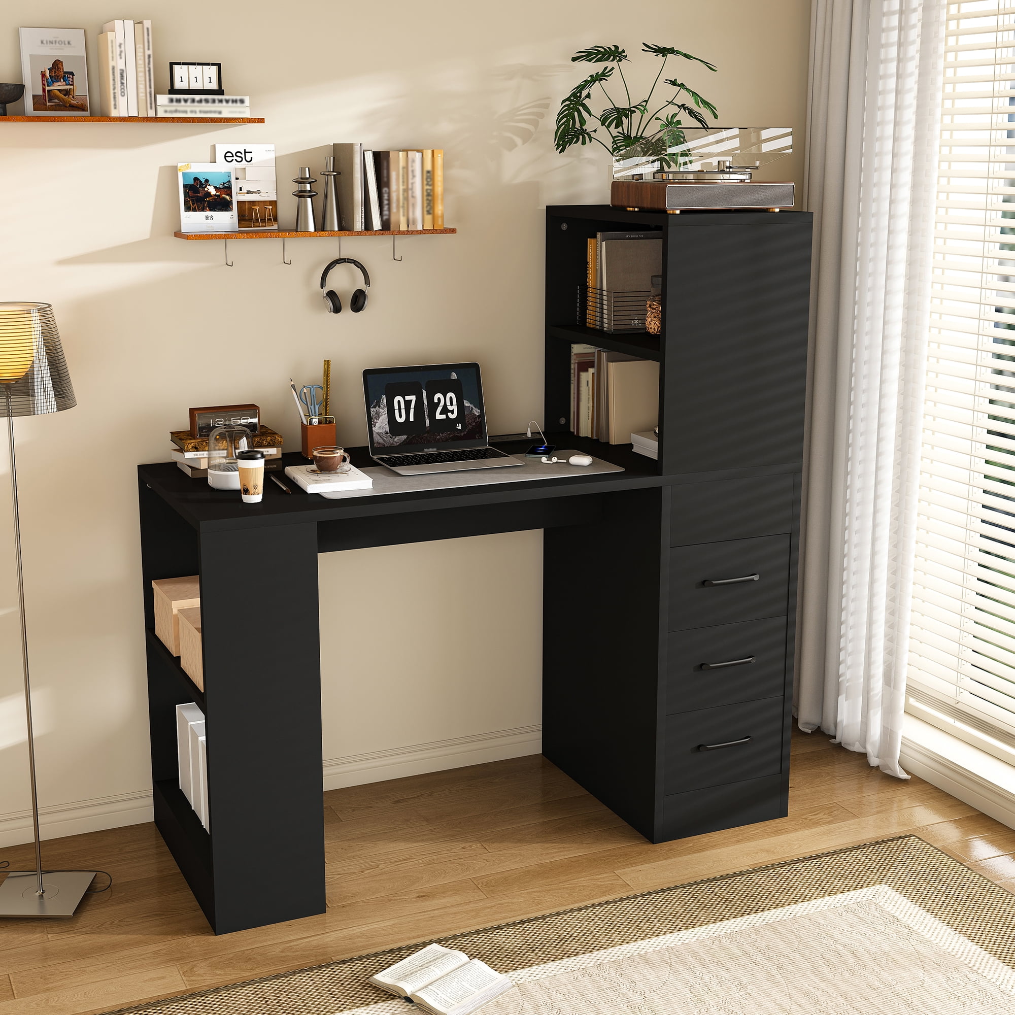 Computer Desk with 4-in-1 Charging Socket and 3 Slide Drawers, 4-Shelf Storage Workstation for Home Office and Study, Black