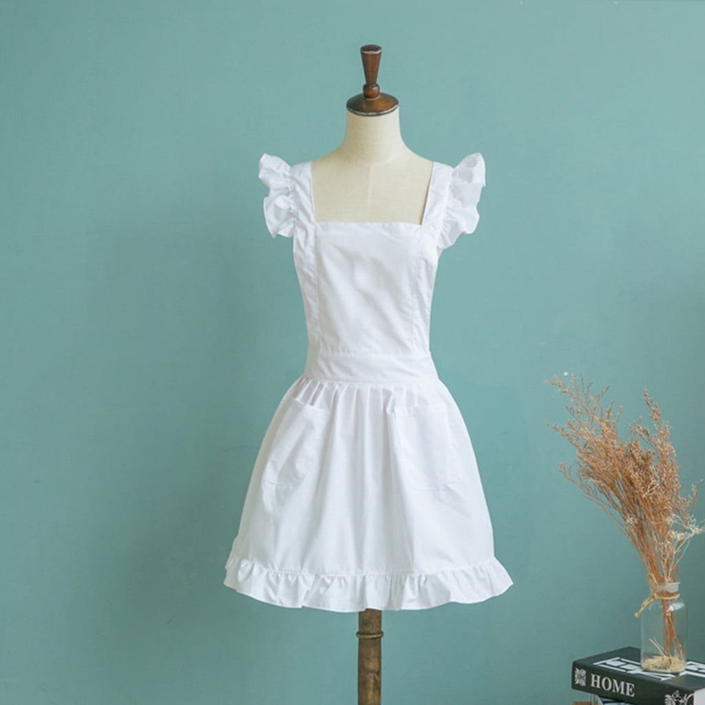 CIYISON Womens Girls Ruffles Outline Retro White Apron with Pockets Adjustable Victorian Bib Maid Cosplay Kitchen Baking Costume