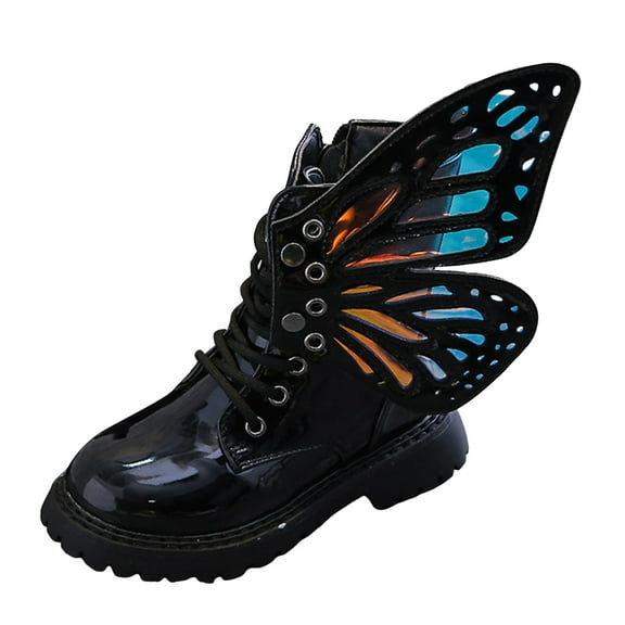 Kids Girls Fashion Lace Up Leather Ankle Boots with Detachable Butterfly Wings Platform Non Slip Mid Calf Combat Booties Black Size 1.5 Big Kids