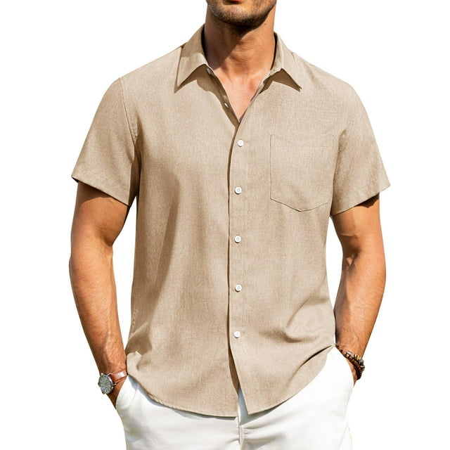 Camisa Alimens & Gentle de lino de manga corta para hombre, color caqui claro, XL