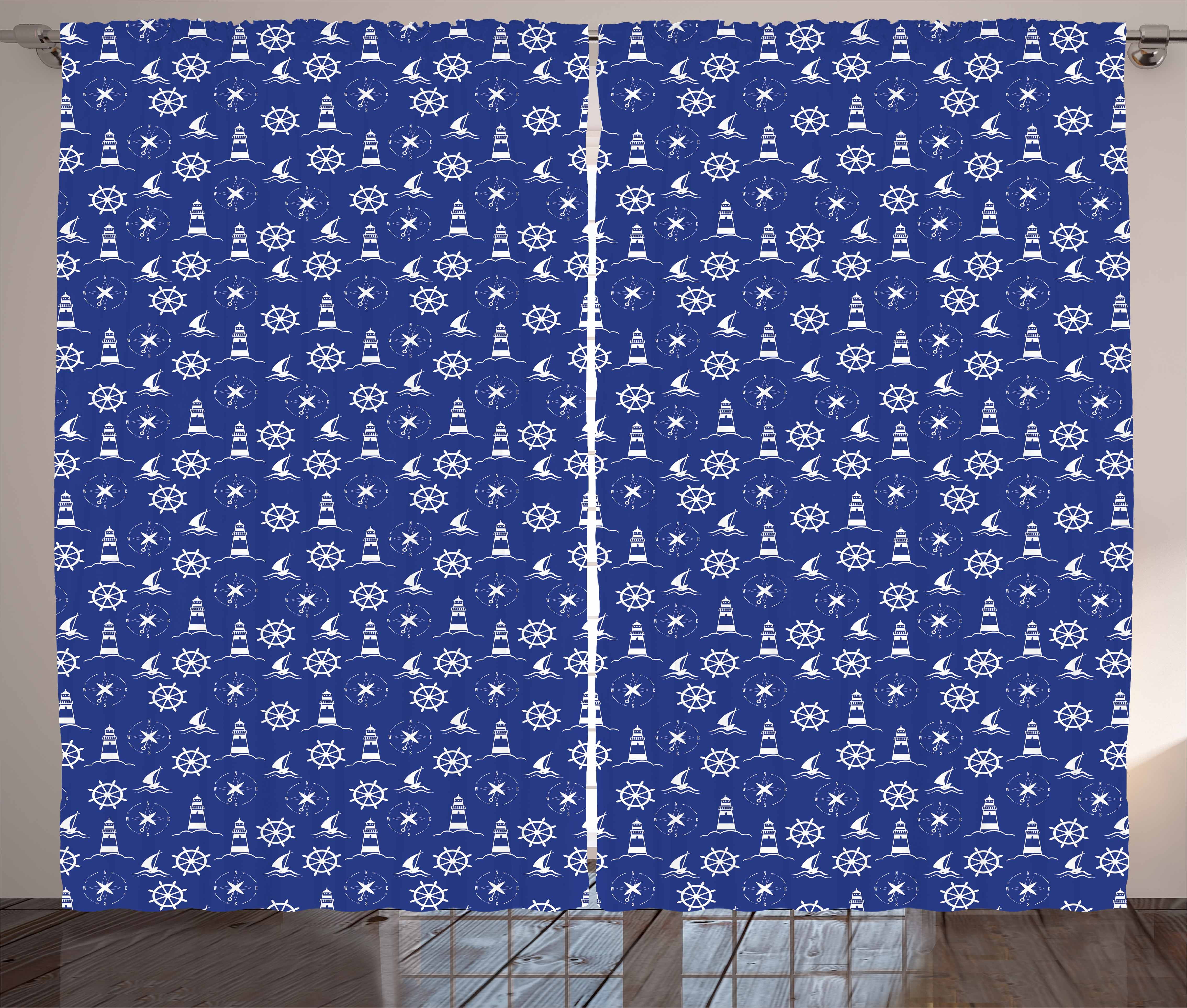 Lighthouse Curtains 2 Panels Set Marine Silhouettes Compass Ships