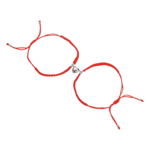 Uxcell Magnetic Couples Bracelets, Heart Adjustable Matching Bracelets with Silver Bead, Handmade Braided Rope Strings for Friendship Jewelry Gifts, Red
