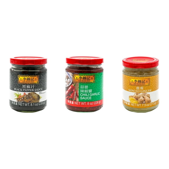 NineChef Brand Spoon Plus 3 Pack Lee Kum Kee Cooking Sauce, 3 Flavors(Black Pepper Sauce,Chili Garlic Sauce,Minced Ginger Sauce)