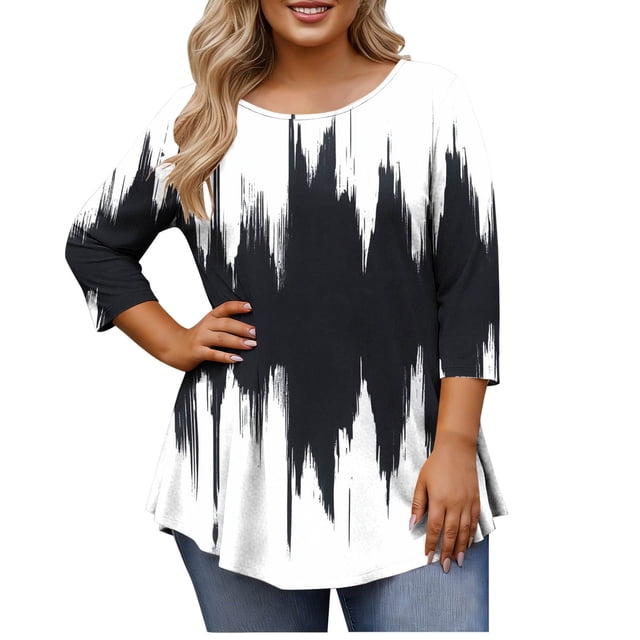 Hauts Grande Taille pour Femmes Manches 3/4 Col Rond Coupe Ample T-Shirt Imprimé Décontracté