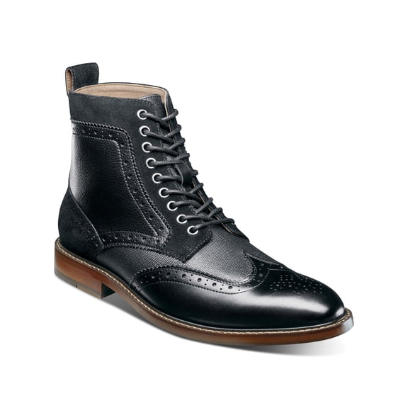 STACY ADAMS Mens Black Mixed Media Heel Pull-Tab Brogue Cushioned Eyelet Finnegan Wingtip Toe Stacked Heel Lace-Up Leather Dress Boots Shoes 8.5 M