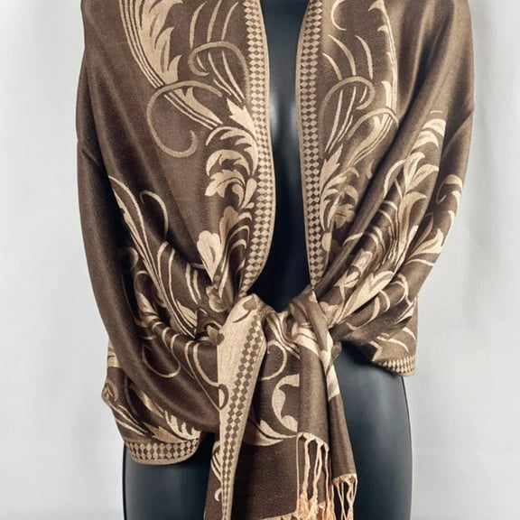 Rich Brown Pashmina Shawl with Tan Floral Patterns – Classic Fringed Wrap for Elegant Layering