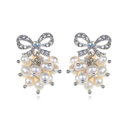 - Petite Faux Pearl Cluster Elegant Clear Crystal Rhinestone Bow Pierced Earrings