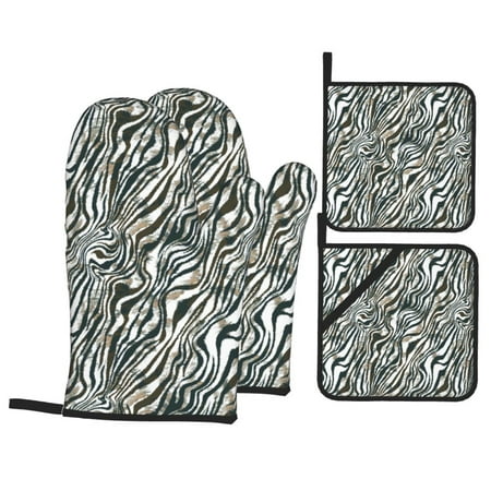 

Oven Mitts and Pot Holders Sets 4 pcs - Zebra print black white Heat Resistant Silicone Oven Gloves with Non-Slip Silicone Surface and hot pads for kitchen Baking Cooking BBQ