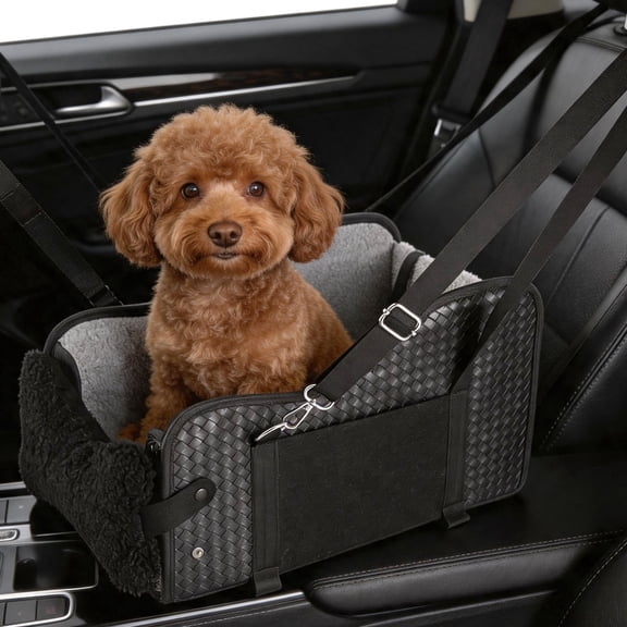 Center Console Dog Car Seat, 16.1 x 9.1 x 9.8 in Pet Car Seat with Adjustable Safety Leash, Armrest Middle Console Washable Travel Carrier for Small Dogs and Cats up to 15 lbs