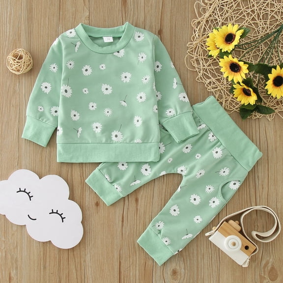 Hwmodou Baby Girl Clothes Baby Girls Cotton Print Flower Autumn Dinosaur Long Sleeve Pants Sleepwear Set Clothes Vintage-Inspired Outfits
