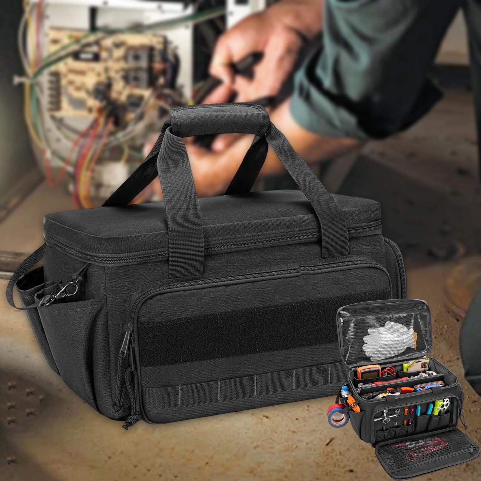 Padded Handle Tool Carry Bag With Wide Opening And Two Way Zippered Access Work Organiser with Elastic Bands