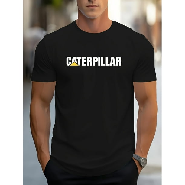 Camiseta informal con estampado de CATERPILLAR para hombre - Manga corta, estilo veraniego, tejido de punto de algodón verde, cuello redondo, lavable a máquina | Corte ajustado | Cómoda de llevar