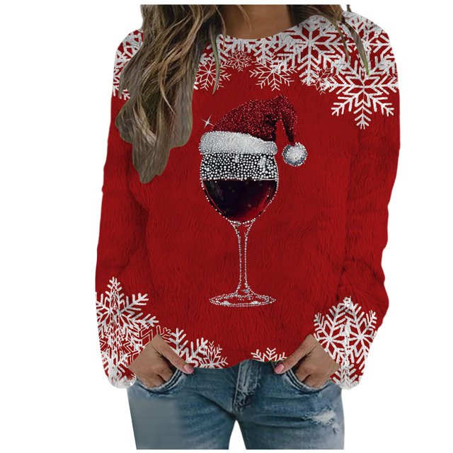 WEAIXIMIUNG Sweat-Shirt Décontracté de Noël pour Femmes Col Rond Manches Longues avec Imprimé Velours Double Face