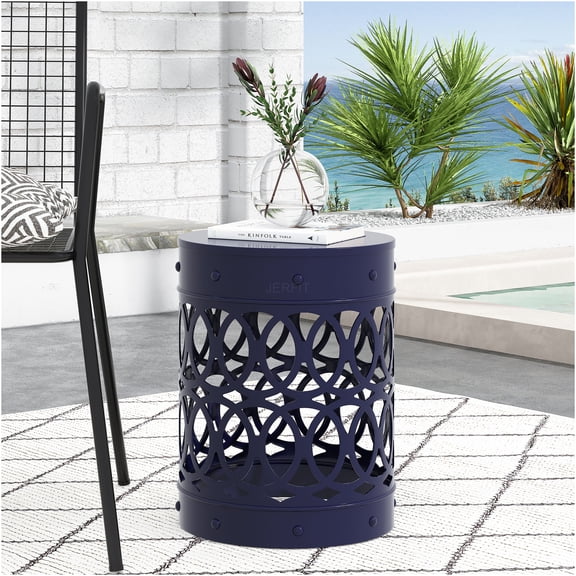 JERFIT 36 inch Outdoor End Table, Navy Blue Iron Accent Table with Modern Metal Cut-Out Design, No Assembly Required Patio Side Table for Garden, Poolside, Porch