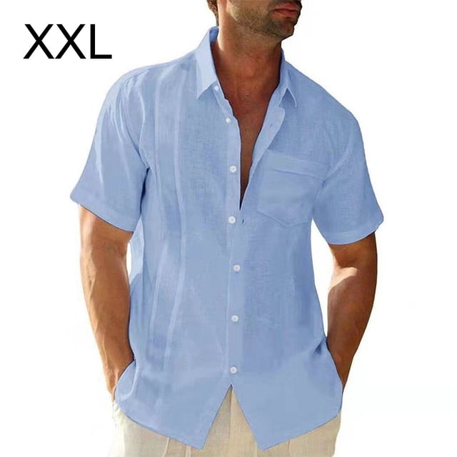 thinsony Traveling Casual Style Men's Button Down Shirt Summer Pool Party Solid Color Simple Design Slim Fit Tops Daily Clothes Light Blue XXL