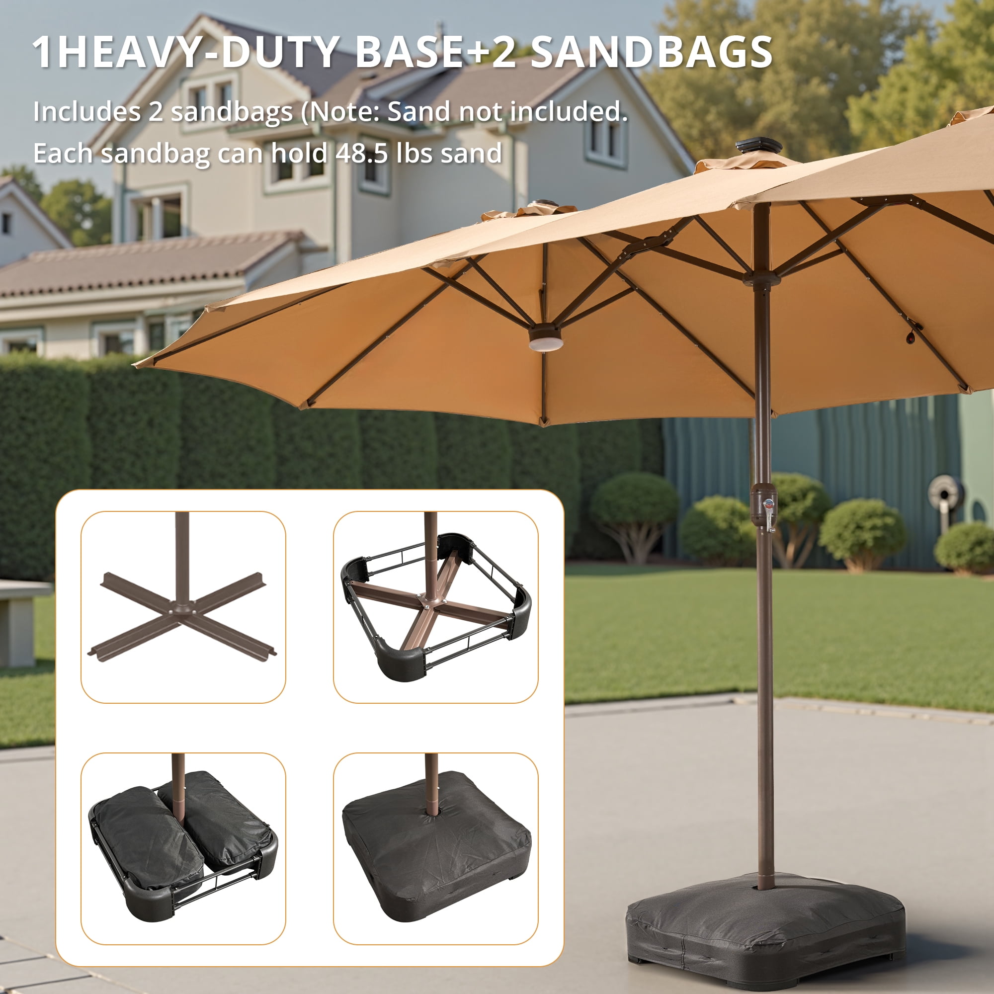 Vcatnet 15ft Large Patio Umbrella with Solar Lights Outdoor Double-Sided Rectangle Market Umbrella with Crank Handle and Base, Khaki