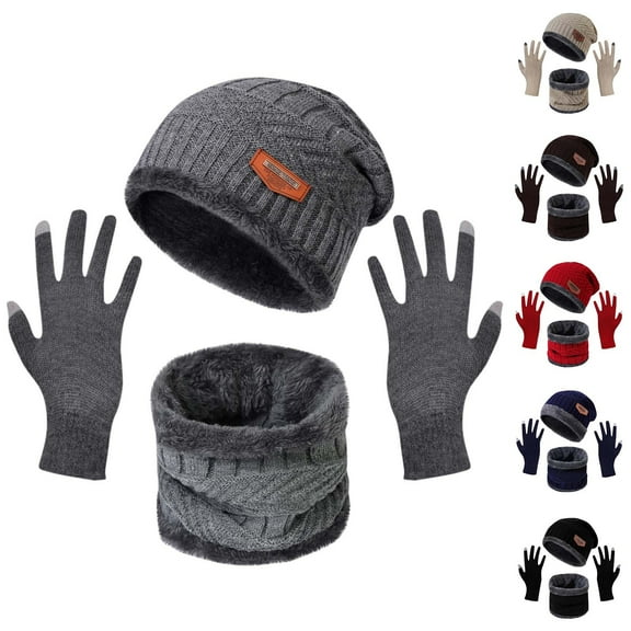 Idoravan 3 Pcs Men Winter Beanie Hat Casual Scarf and Touch Screen Gloves Set for Men Men's Winter Warm Plus Velvet Thick Hat Scarf Neck Solid Color Screen Gloves Three Piece Set Hat Beige