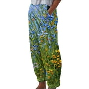 Zodggu Womens Summer Printed Cotton Pockets Versatile Loose Trousers Straight Sleeve Trendy Casual Elastic Waist Full Length Long Pants Loose Pants Green 10