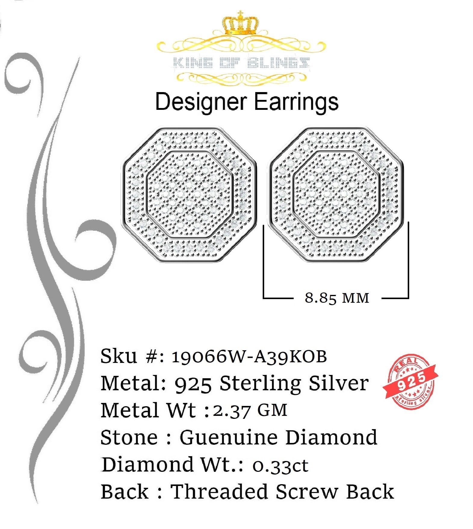 King of Bling's Women's Stud in 925 White Sterling Silver 0.33ct Diamond Stud Men's Earrings