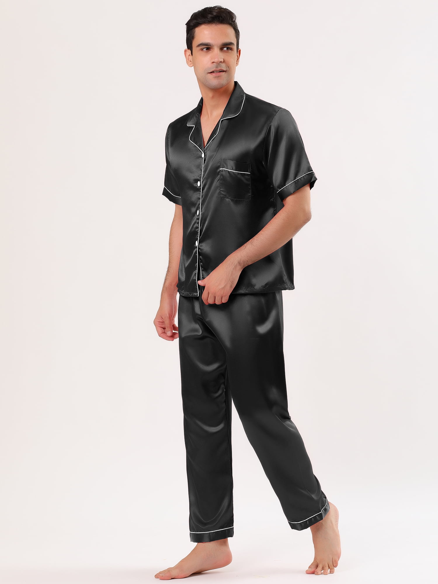 Unique Bargains Men's Button Down Satin Pajama Sets Short Sleeves Nightwear Small Black