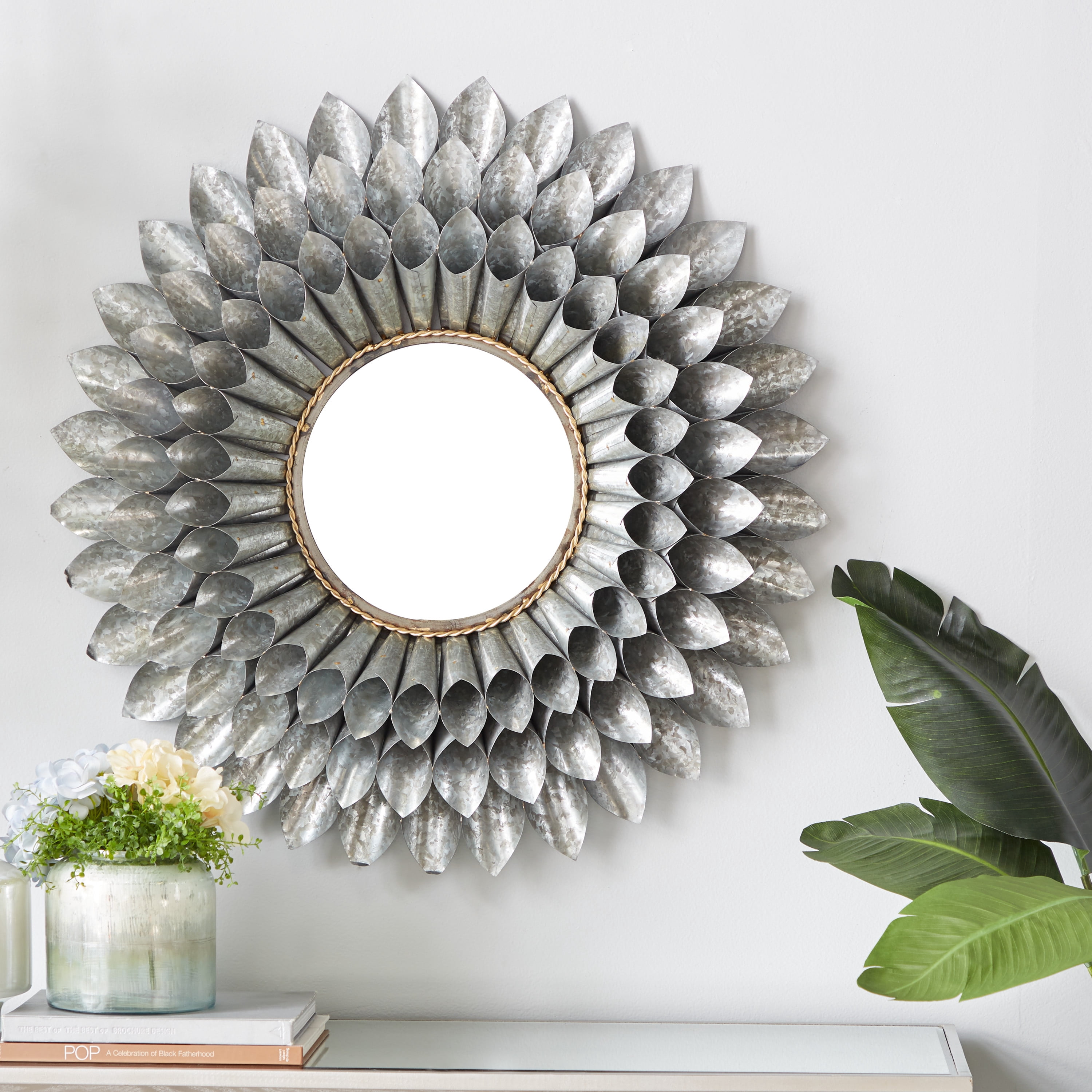 DecMode 32"W, 32"H Round Wall Mirror, Grey