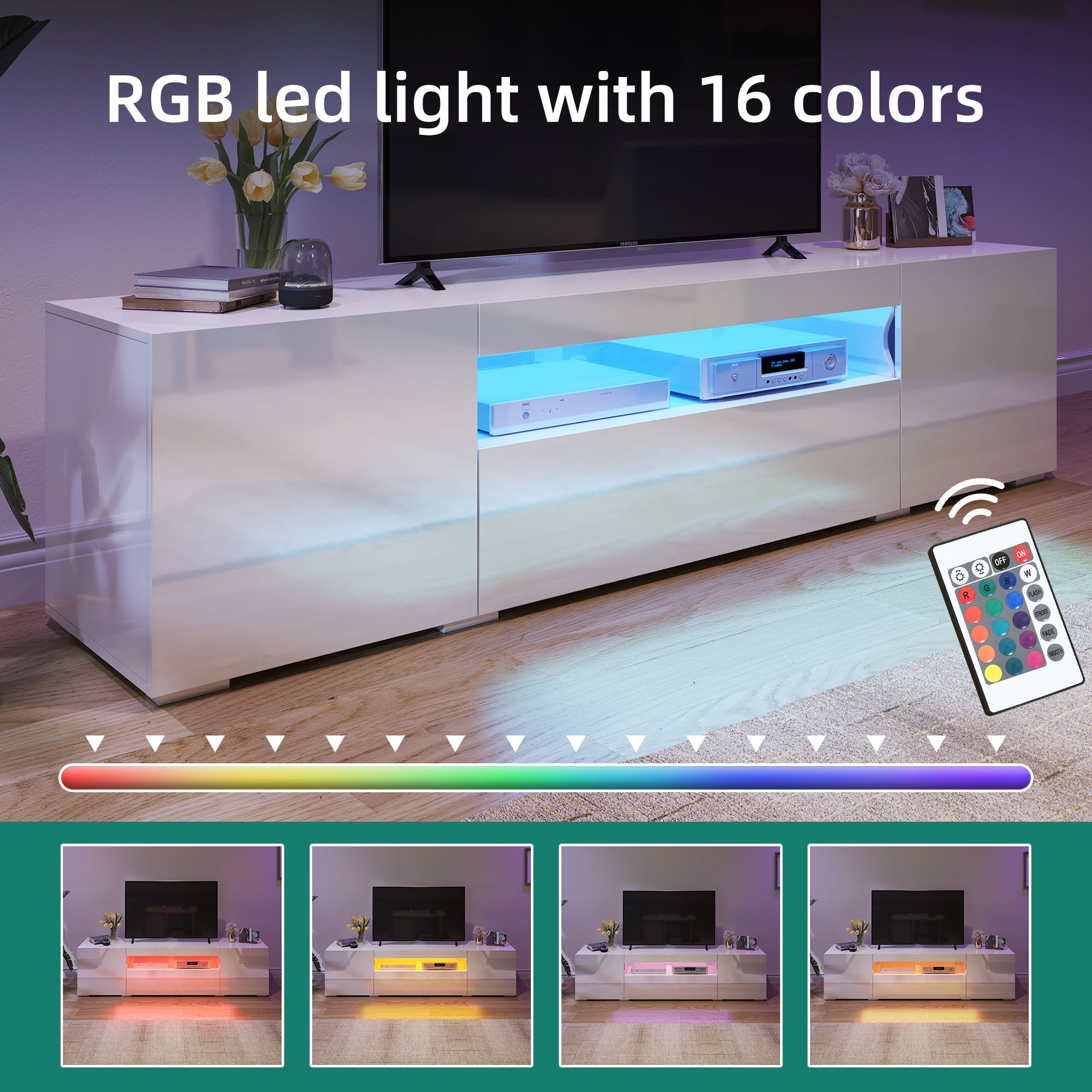 Dextrus Large LED TV stand for 75 inch TVs White High Glossy Media Center with 2 Cabinets and 1 Drawer for Living Room, 70"