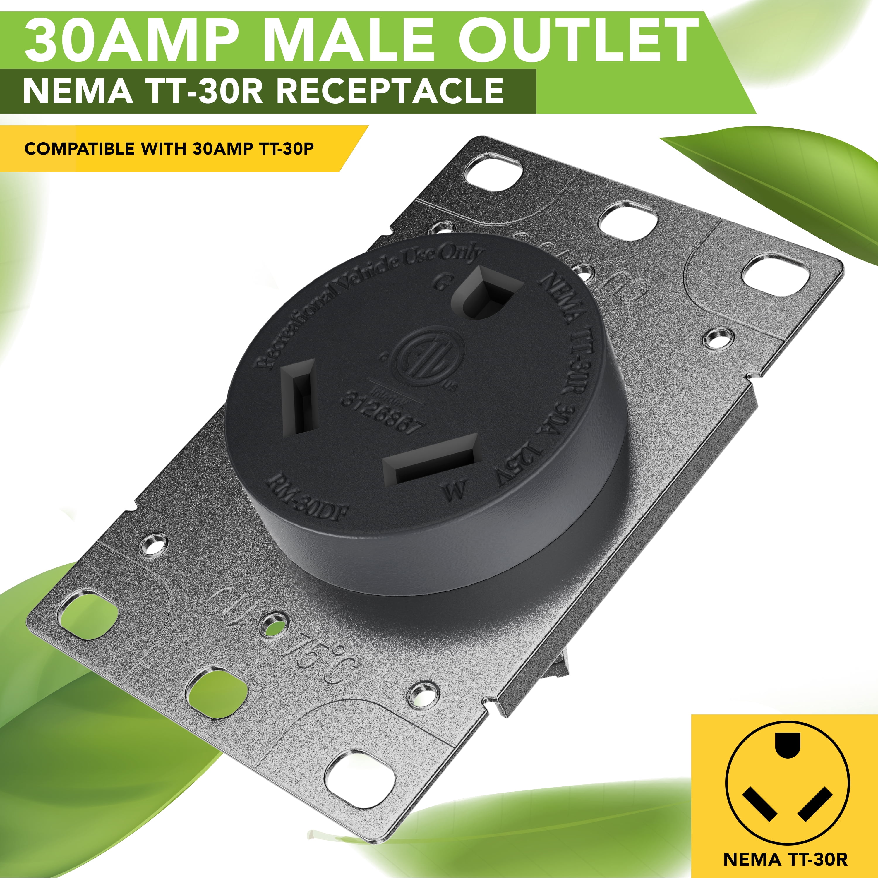 Leisure Cords RV 30 Amp, 125 Volt, NEMA Tt-30R, 2P, 3W Power Receptacle Flush Mounting Receptacle, Straight Blade, Industrial Grade, Grounding, Side Wired, Steel Strap, Black (30-Amp)