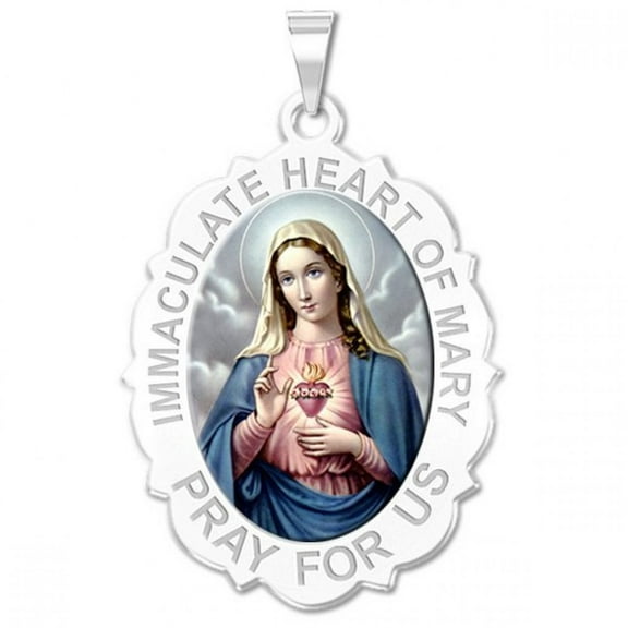 Picturesongold.Com Immaculate Heart of Mary Scalloped Oval Color Religious Medal Necklace Pendants - 3/4 inch x 1 inch - Sterling Silver