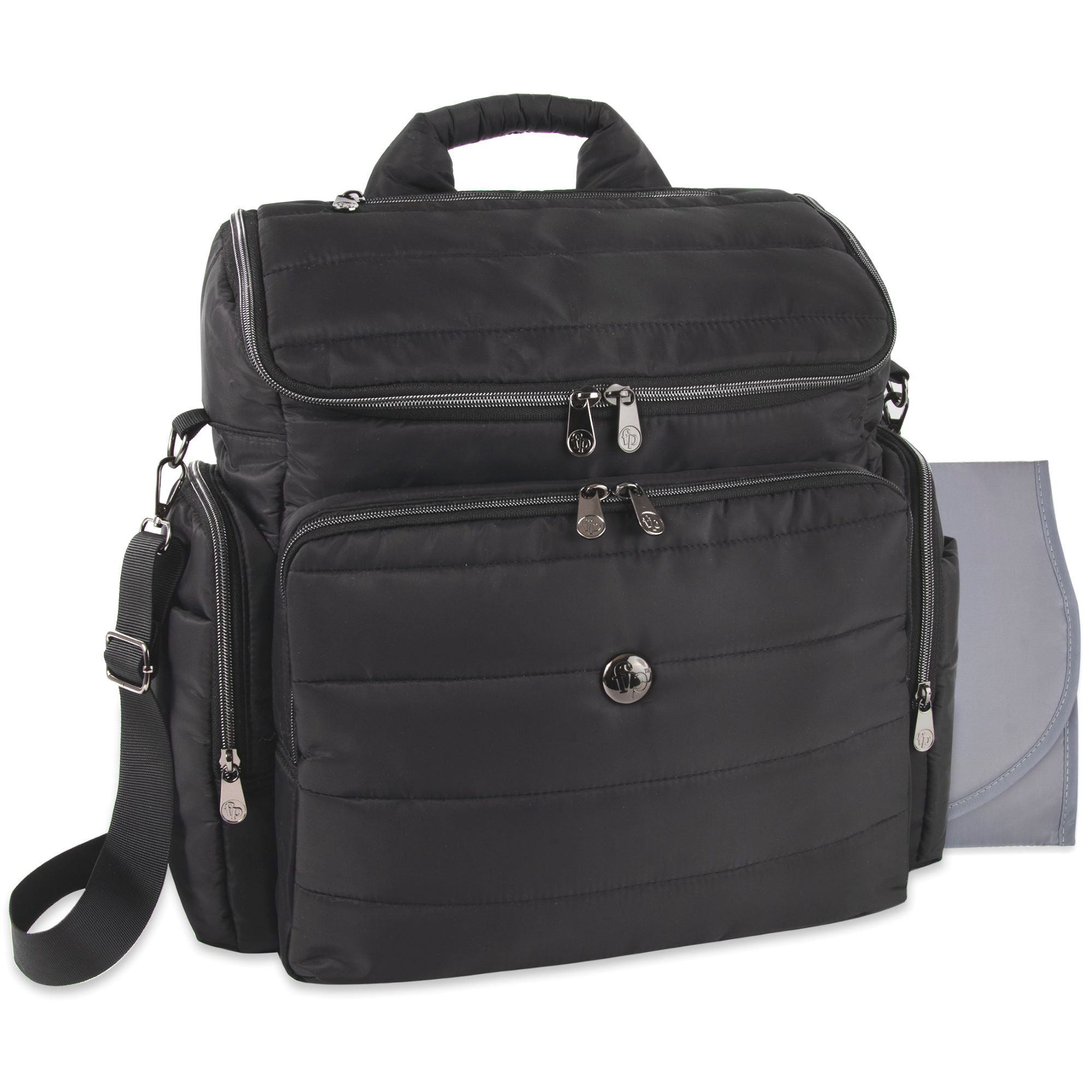 Fisher-Price Crossbody Tote and Diaper Bag Backpack - Changing Pad, Insulated Pocket - Black