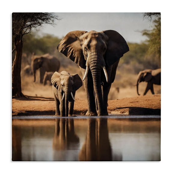 Stupell Industries Elephant & Calf at Waterhole Animals Photography Wrapped Canvas Art Print Wall Art, 17 x 17