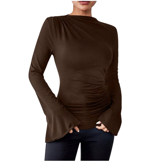 ShomPort T-Shirts pour Femmes Manches Longues Col Rond Extensible Slim Léger Crop Tops Confortables Couleur Unie Basiques Blouses
