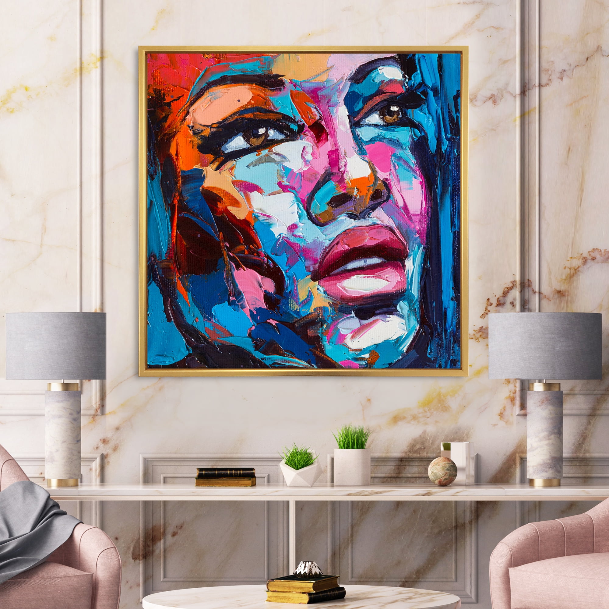Designart 'Abstract Colorful Fantasy Portrait Of A Young Woman III' Modern Framed Canvas Wall Art Print