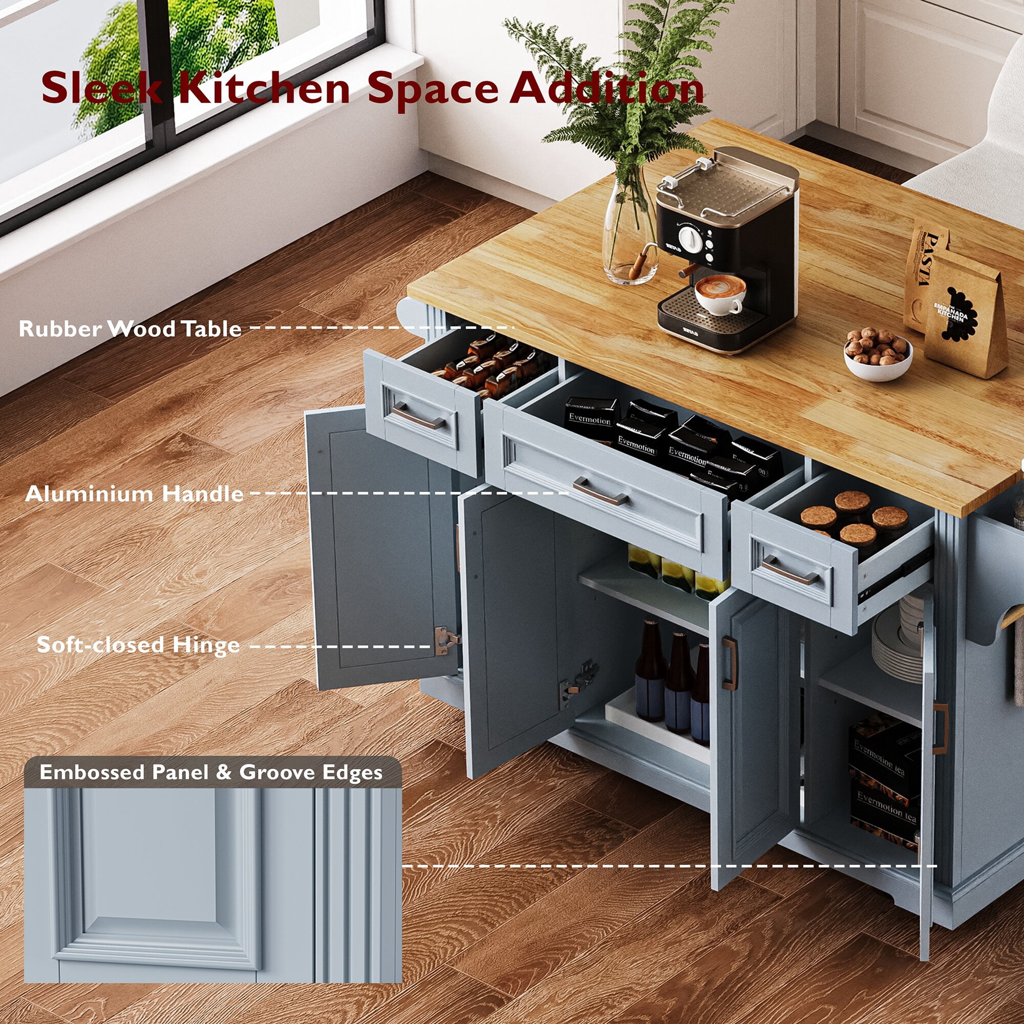 Yoneston 54" Large Kitchen Island with Drop Leaf, Rolling Kitchen Cart with Towel Rack Spice Rack and 4 Doors and 3 Drawers for Kitchen, Dining Room, Blue