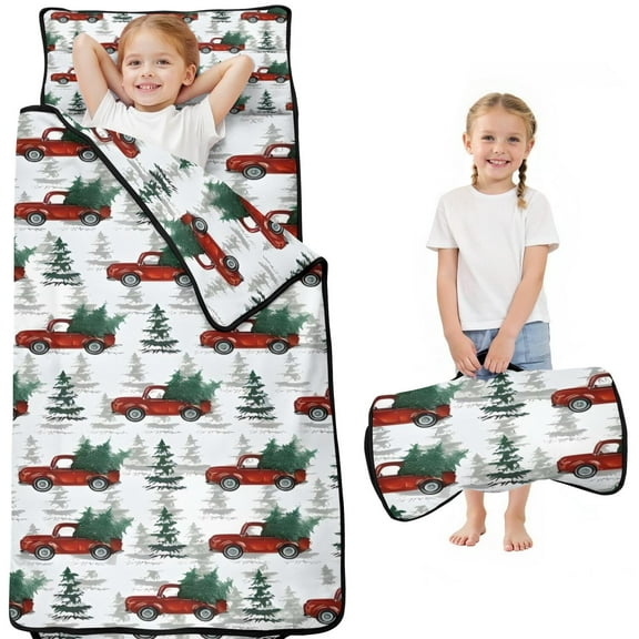 Red Christmas Truck and Tree Pattern Toddler Nap Mats for Kids Preschool,50"x20" Sleeping Mat Bag or Kids,Toddler Sleeping Bag,Toddler Nap Mat or Daycare
